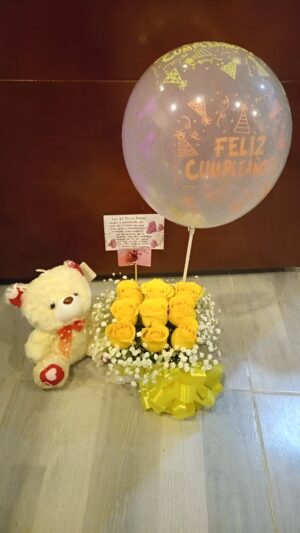 Caja por 9 rosas, peluche y globo R31