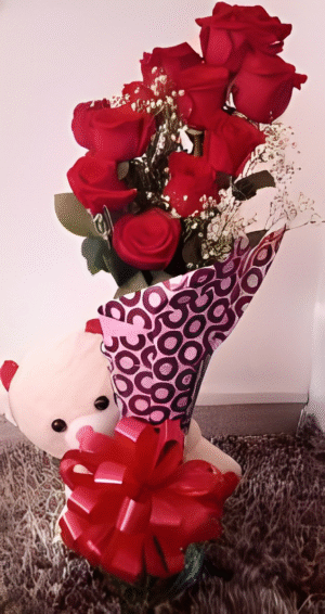Florero peluche y 12 rosas R41